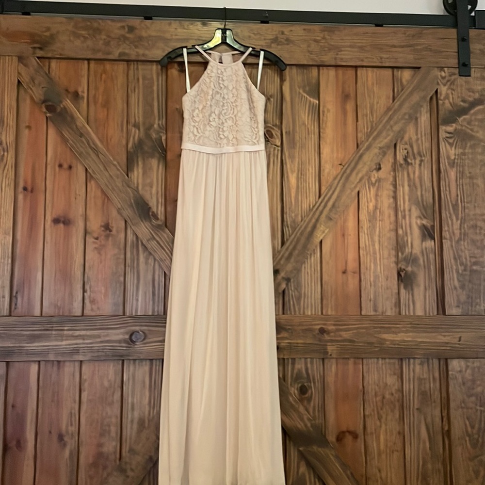 David’s Bridal champagne bridesmaid dress
